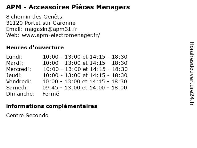 Horaires d ouverture APM Accessoires Pi ces Menagers 8